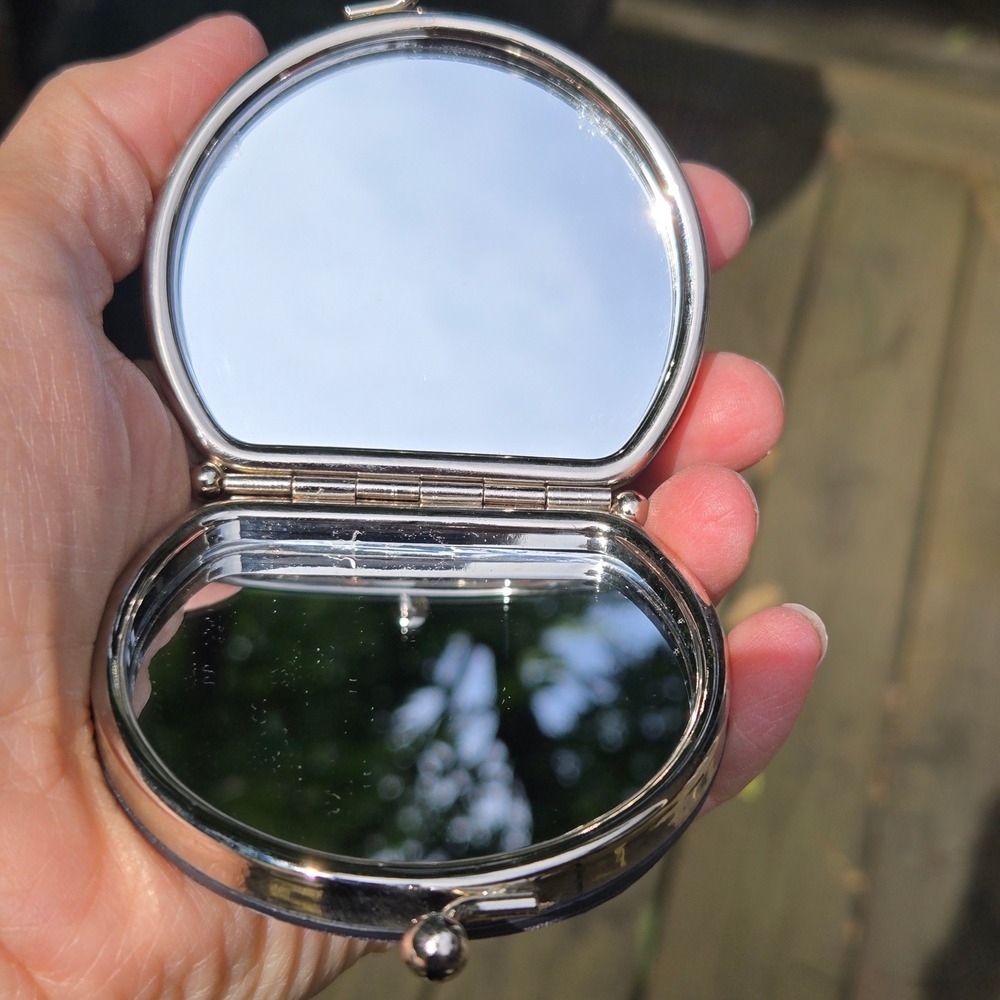 Harold Feinstein Compact Mirror 3" Daisy Floral Kiss Lock Double Sided Black - Picture 5 of 8